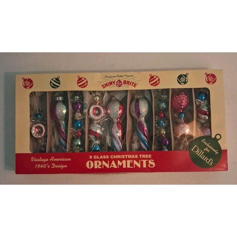 Christopher Radko Shiny Brite Box 9 Glass Christmas Icicles 1940’s Design Read